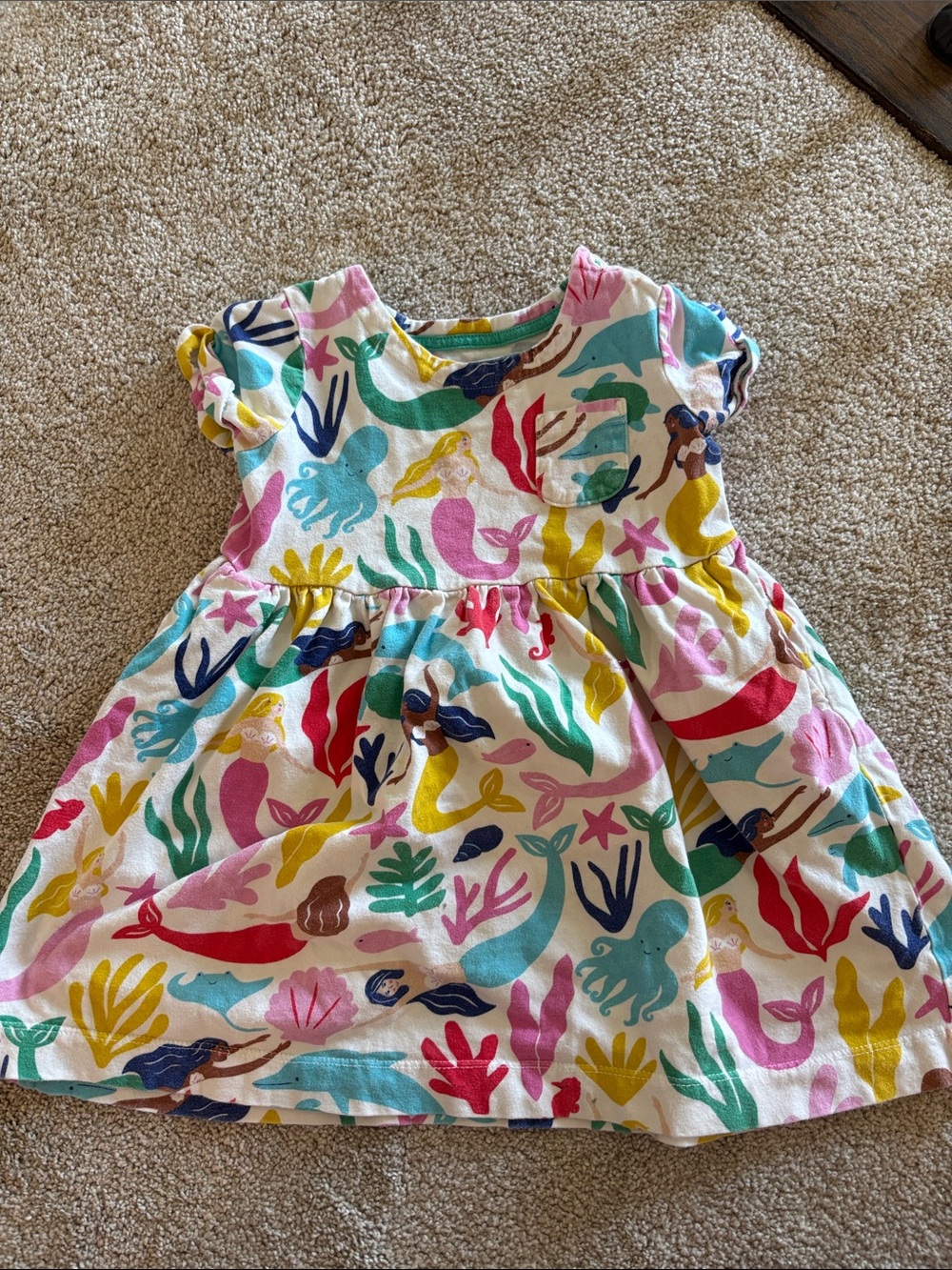Mini Boden White Cotton Dress with Multicolor Mermaid Print
